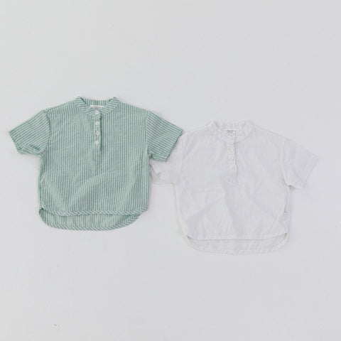 Linen Shirt with Mandarin Collar - Tops